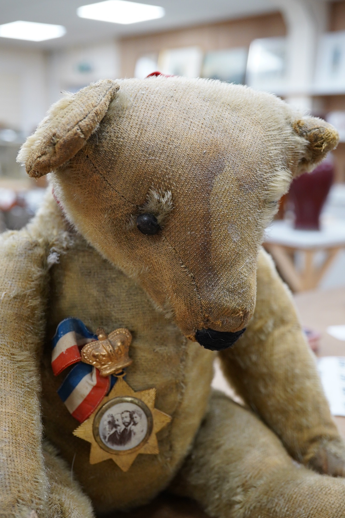 An early German bear wearing medal commemorating Queen Victoria's Jubilee, hair loss and general wear and staining to mohair, c.1912, 48cm high